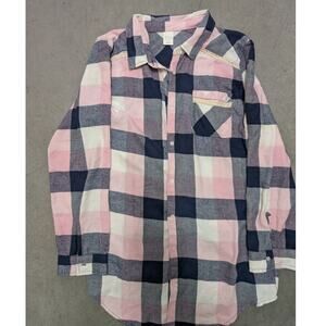 BP Undercover Pink Navy White Plaid Button Up Shirt Lace Trim Long Sleeve Casual